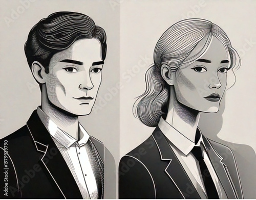 Man and woman in formal attire portrait illustration.