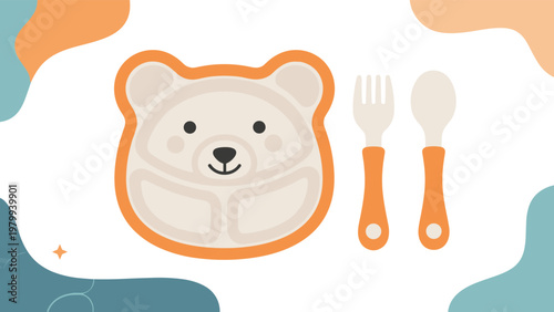 Cute bear shaped baby plate with matching fork and spoon set for toddler feeding on a colorful abstract background.
