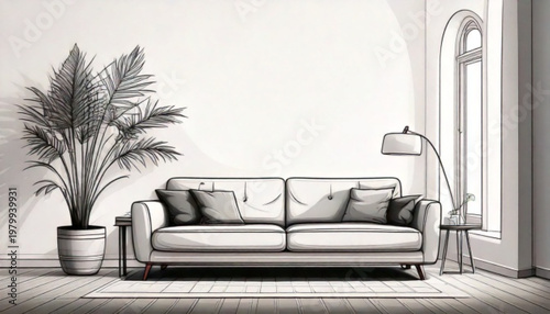 Modern living room with comfortable sofa and potted plant.