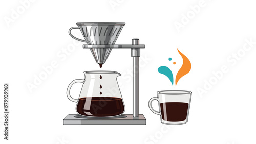 Professional manual coffee drip brewing station featuring a glass carafe and a metal filter over a ceramic mug for caffeine lovers.