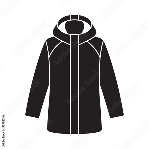 Black and white illustration of a hooded winter jacket design