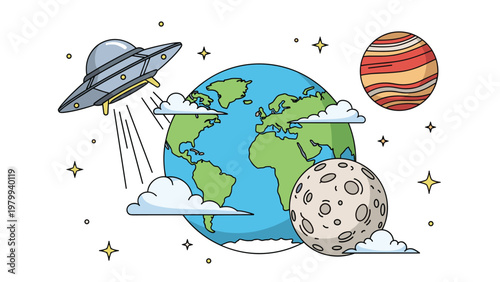 Fun cartoon illustration of planet Earth in space with a UFO, the moon, another planet, and stars on a plain white background for kids.