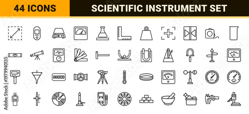 Measuring tools and scientific instrument line icons set