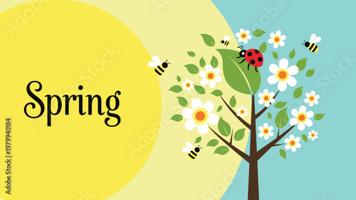 Cheerful spring background featuring a blooming tree with white flowers, flying honeybees, and a ladybug under a bright yellow sun.