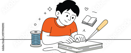 Young Man Working on Creative DIY Project at Desk with Thread Spool Wrench and Book for Hobbies Vocational Skills Training and Handcrafted Maker Concept Vector Illustration