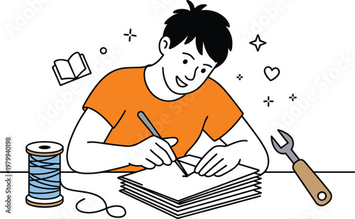 Photos Young Man Working on Creative DIY Project at Desk with Thread Spool Wrench and B