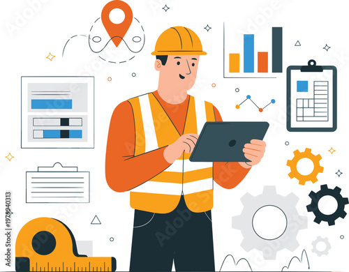 Professional male construction engineer wearing safety vest and hardhat using digital tablet for site inspection and project management vector