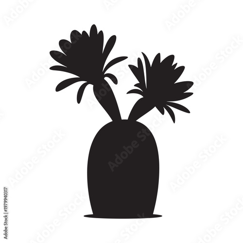 Black silhouette of a potted plant with two flowering stems