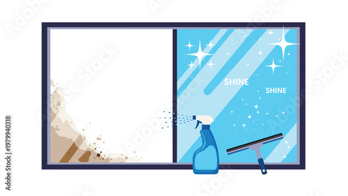 Comparison of a dirty window being cleaned by a spray bottle and squeegee to show a sparkling clear and shining glass surface.