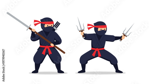 Two cartoon ninjas in black traditional outfits holding a spear and sai daggers in action poses for martial arts theme.