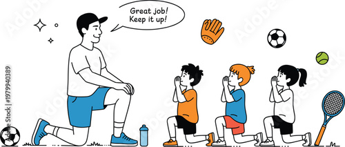Friendly sports coach motivating a group of children during physical education class or youth training session with sports equipment vector