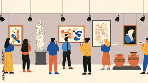 Museum visitors stand in an art gallery using their smartphones to take pictures of famous sculptures and abstract paintings.