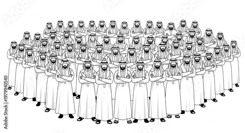 Group of people in traditional attire standing together in a crowd.