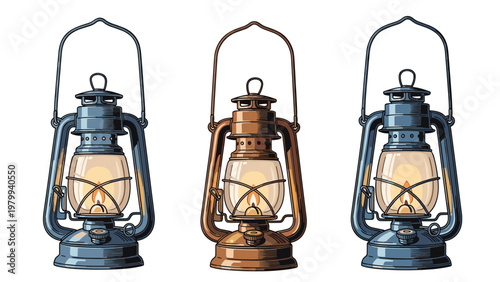 Vintage style oil lanterns in blue and copper metallic finishes featuring a classic design for lighting and outdoor camping decor.