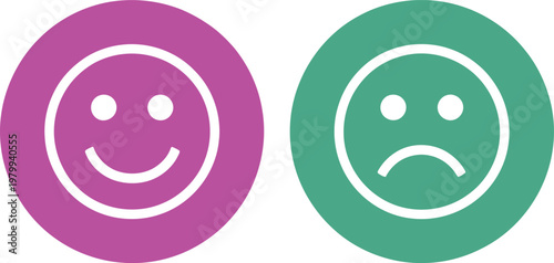 Purple and green circular icons displaying happy and sad facial expressions for customer feedback analysis systems