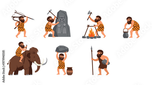 Prehistoric cavemen engaged in daily survival activities including hunting with spears cooking over fire and creating cave art.