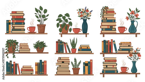 Interior design illustration of wooden bookshelves decorated with indoor plants stacks of books and cozy cups of hot coffee.
