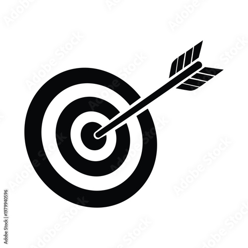 Black and white illustration of an arrow hitting a target isolated on white background