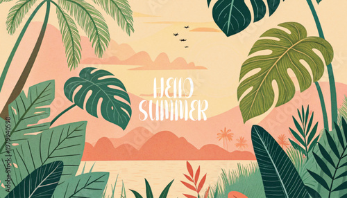 summer tropical background. Palm leaves, monstera leaf, Botanical background design for wall framed prints, wall art, invitation, canvas prints, poster, home decor, cover