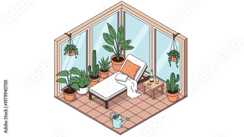 Isometric view of a cozy sunroom or balcony decorated with many green plants a lounge chair and small table.