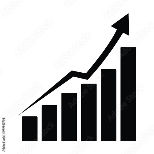 Black bar chart graph with arrow pointing up on white background