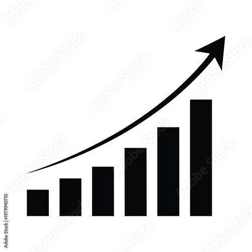 Black bar chart graph with upward trend and arrow on white background
