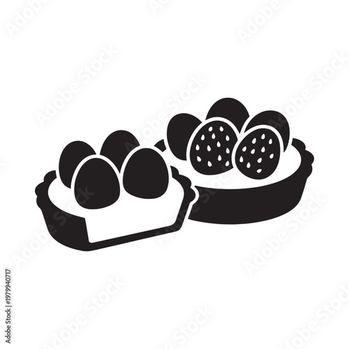 Black and white illustration of baskets filled with eggs and fruit