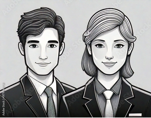 Two Business People in Suits Smiling Professionally.