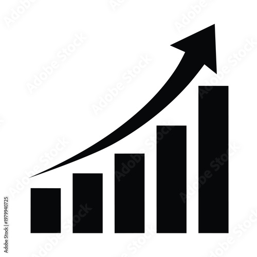 Black bar chart graph with upward trend arrow on white background