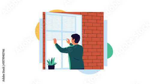 Man standing in front of a window and adjusting the horizontal blinds in a room with brick walls for light control.