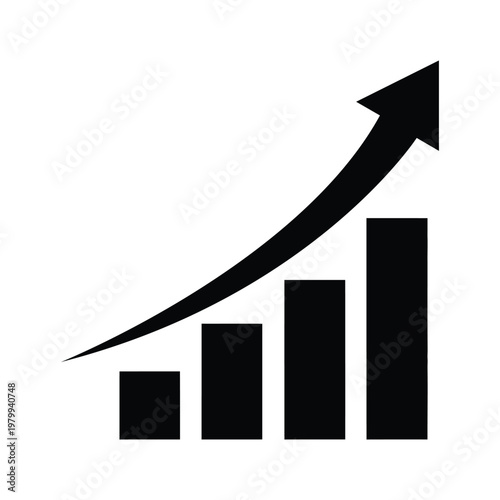 Black bar chart with arrow pointing up on white background