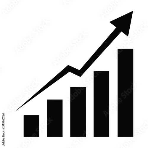 Black bar chart with rising arrow on white background showing growth