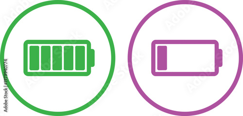 Full green and low purple battery level icons showing energy status for mobile and electronic devices
