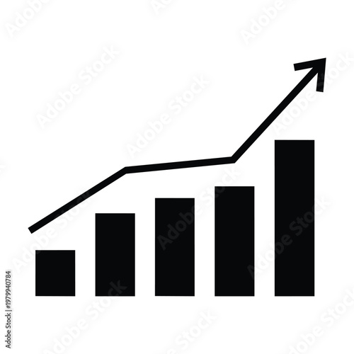 Black bar chart with upward trend line and arrow on white background