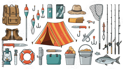 Comprehensive set of outdoor camping and fishing gear including a tent backpack fishing rods tools and navigation equipment icons.