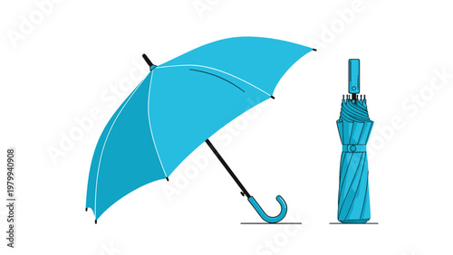 Large blue umbrella shown in both fully opened and tightly closed folded positions against a clean white background for contrast.