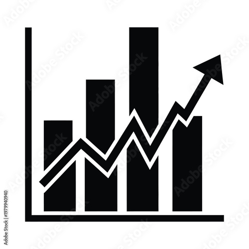 Black icon of a bar graph with an upward trend line and arrow