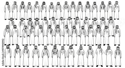 Group of people in traditional attire standing together in a row.