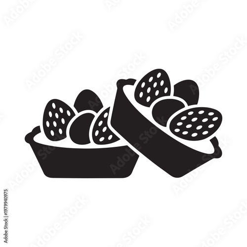 Black and white illustration of a basket filled with strawberries