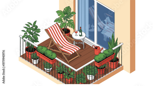 Relaxing outdoor balcony design with a striped lounge chair potted tropical plants a small table with wine and a city view.