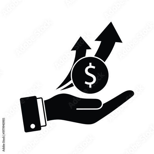 Black icon of a hand holding a dollar coin with two upward arrows