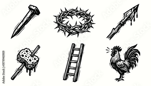 Christian passion of christ religious symbols in woodcut style