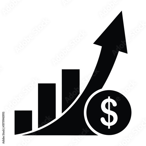 Black icon of a growing graph with a dollar sign and an upward arrow