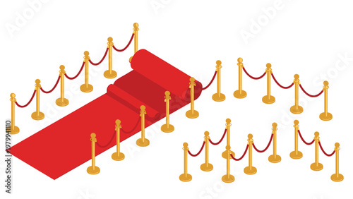 Iconic red carpet unrolled between gold stanchions with red velvet ropes for a gala event or prestigious movie premiere.