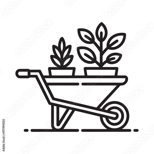 Line art illustration of plants in a small wheelbarrow