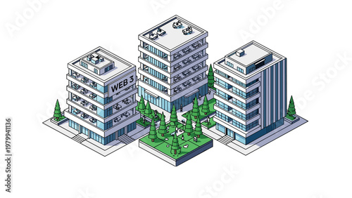 Modern isometric city block featuring futuristic office buildings surrounded by green trees with a prominent web three label.