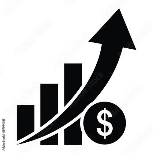 Black icon of growing graph with dollar sign on white background