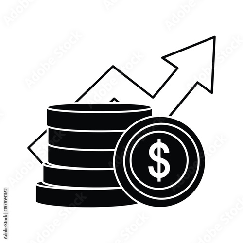 Black icon of growing money stack with dollar sign and rising arrow