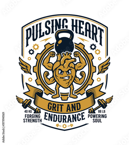 Cartoon muscular anthropomorphic heart with kettlebell and dumbbells symbolizes grit endurance and strength vintage gym t-shirt design
