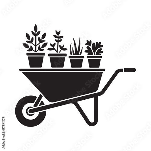 A black and white illustration of potted plants in a wheelbarrow